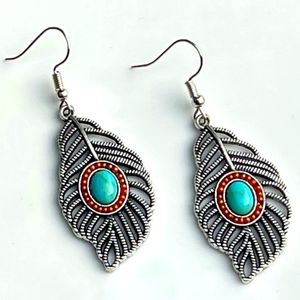 Silver bohemian turquoise leaf earrings ✨